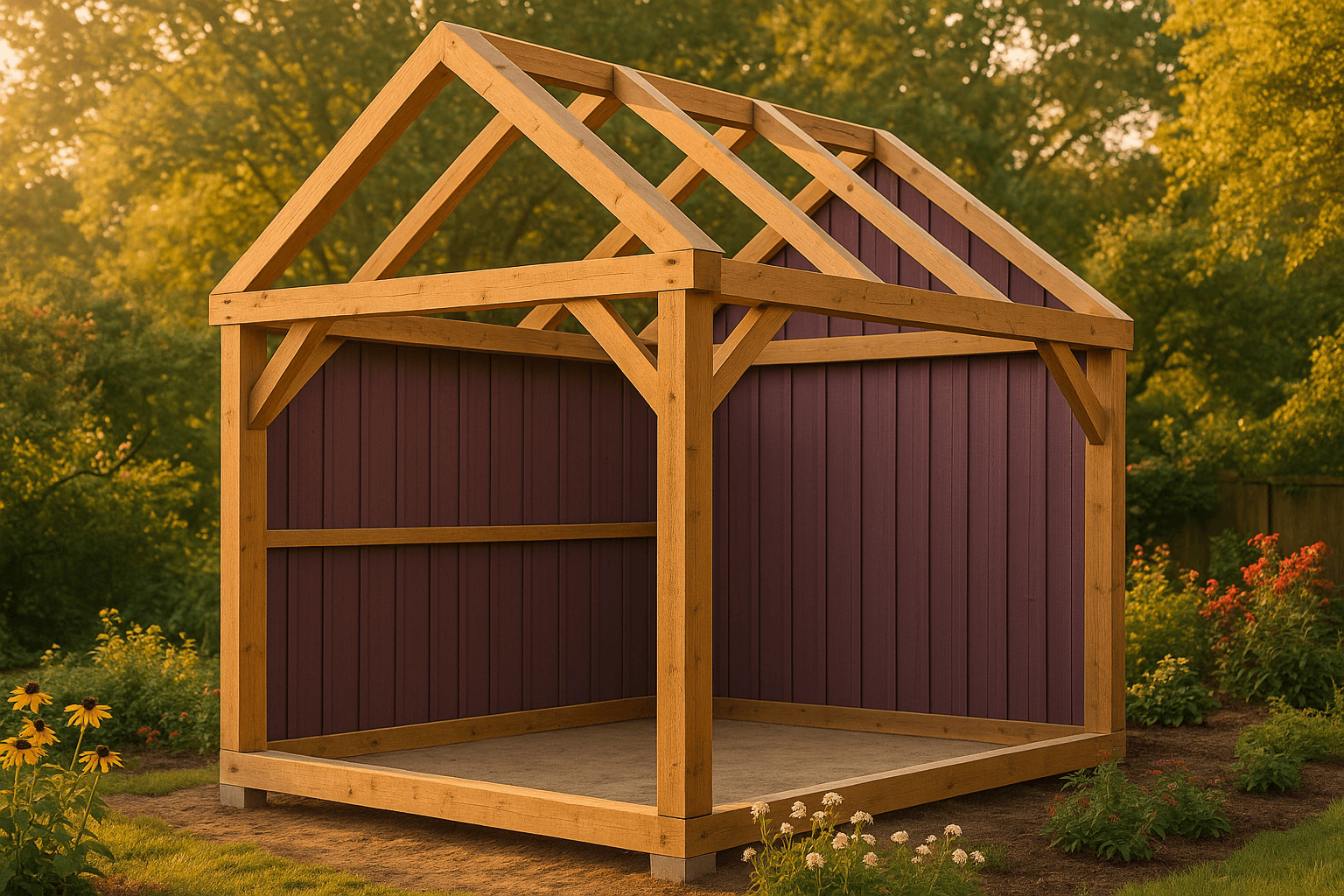 Building with siding, roof rafters exposed